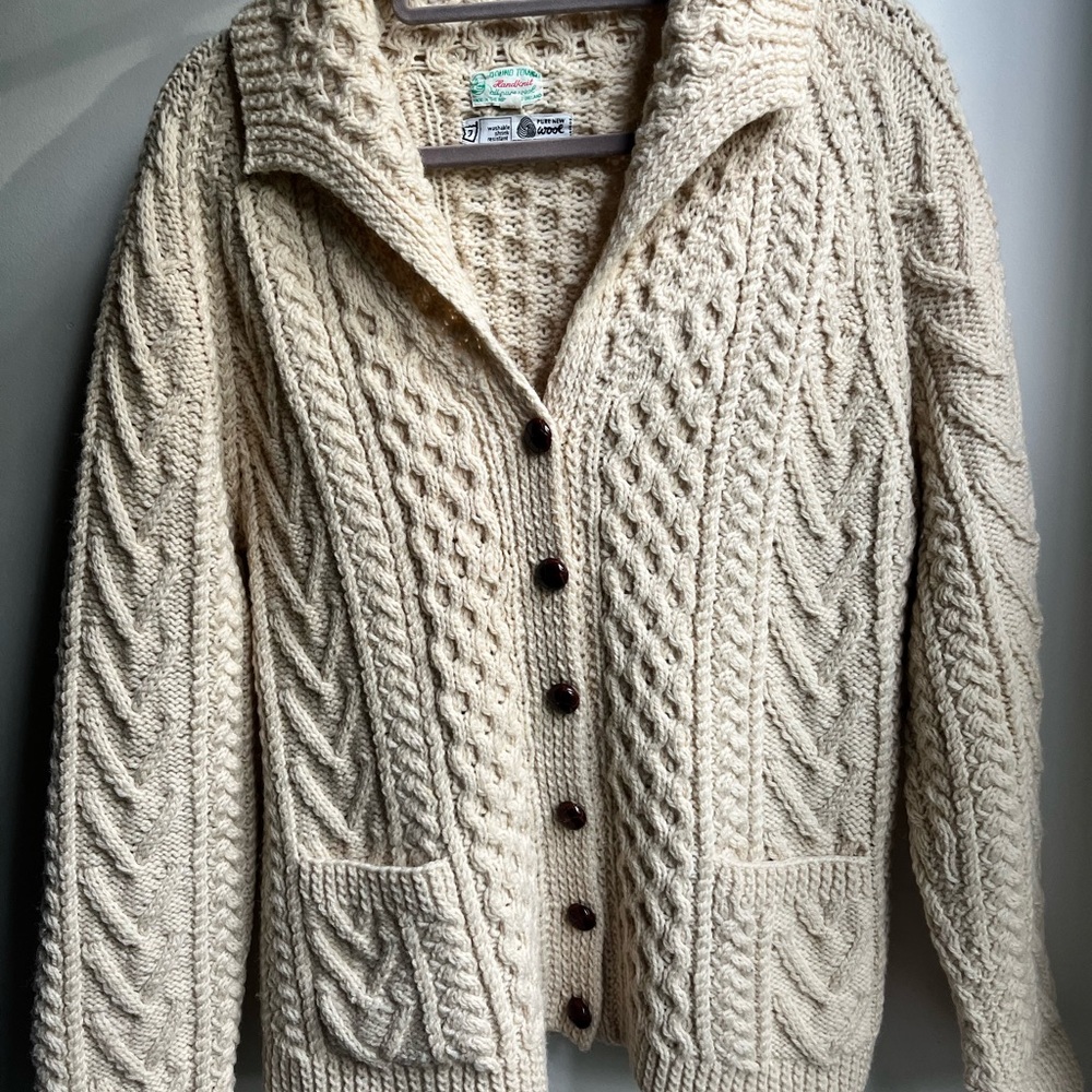 Vintage 100% Wool Aran Hand Knit Cardigan, Made in Ireland
